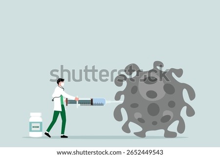 The concept of Virus vaccination research, doctors or medical staff use syringes to inject vaccines into pathogens and successfully kill them