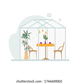Concept of visiting a cafe during an epidemic. Separate cafe - greenhouse. Isolated on a white background. Vector illustration. Post-quarantine.