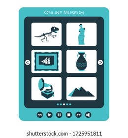 Concept of visiting an online Museum or exhibition. Tablet with categories of Museum items. The symbols of sculpture, ancient culture, the skeleton of a dinosaur. Color vector illustration on white