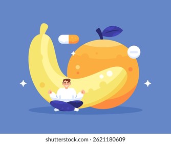 concept of vitamins and health supplements. consuming fruits and medicines to maintain health and nourish the body. fruit intake. illustration of a man with orange and banana. flat style design