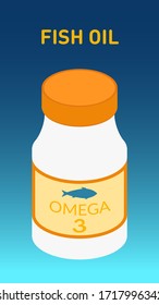 Concept vitamins, omega 3, fish oil, body health. Vector illustration of a isometric bottle fish oil, omega-3 inscription, on a blue background.