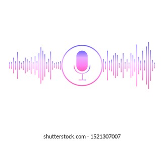 Concept of voice recognition. Sound wave with imitation of voice, sound and microphone icon.