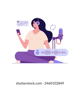 Concept of voice recognition, speech scanning, voice to text, speech recognition service. User recognizing voice and translating to text with speaker. Vector illustration in flat cartoon design