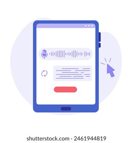 Concept of voice recognition, speech scanning, voice to text, speech recognition service. User recognizing voice and translating to text with speaker. Vector illustration in flat cartoon design