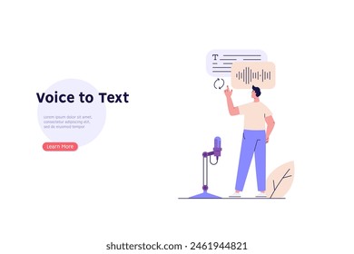 Concept of voice recognition, speech scanning, voice to text, speech recognition service. User recognizing voice and translating to text with speaker. Vector illustration in flat cartoon design