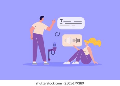 Concept of voice recognition, speech scanning, voice to text, speech recognition service. User recognizing voice and translating to text with speaker. Vector illustration in flat cartoon design