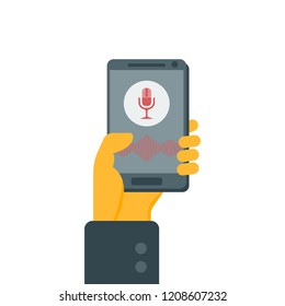 The concept of voice recognition, virtual assistant. Smartphone with microphone button and sound waves. Vector.