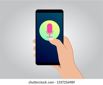 The Concept Of Voice Search Or Siri Assistant On Your Phone Or Mobile Recording. Hand Holding Black Phone With Blue Gradient Screen And Microphone Icon