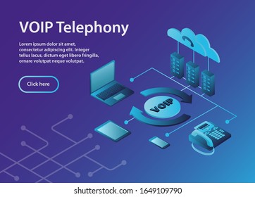 Concept VOIP telephony, isometric, example site page. VOIP Telephony Scheme with ip-telephone