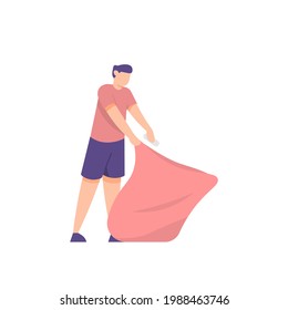 the concept of a volunteer, environmental janitor, cleaner, scavenger. illustration of a man putting garbage into a plastic bag to keep the environment clean. Throw garbage in its place. vector design