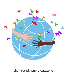 Concept of a volunteer with hands of different skin tones forming a circle around the globe.