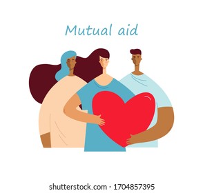 Concept Volunteer Movement, Mutual Aid, Help And Charity. Group Of Multinational Relief Workers Holding The Red Heart Symbol