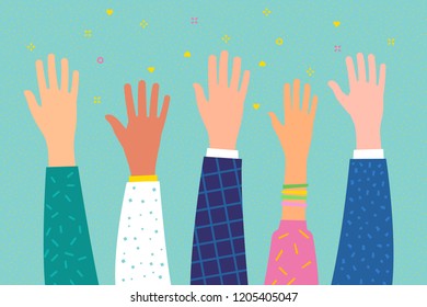 Concept of volunteering or education. Raised hands. Flat design, vector illustration.