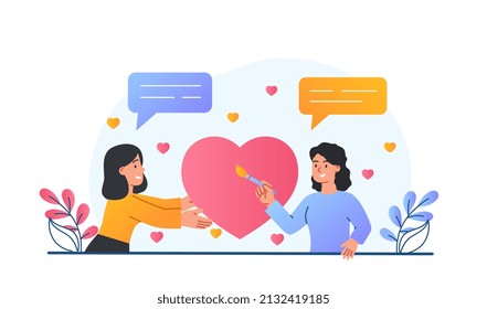 Concept of volunteering. Girls give heart, care for world and charity. Metaphor for financial support fund for people in difficult situations. Poster for site. Cartoon flat vector illustration