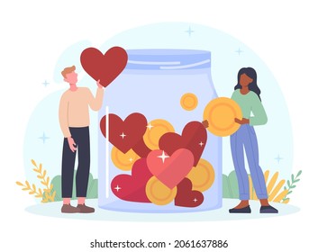 Concept of volunteering. Man buys sweets by donating money to charities. Support, helping, coin, dollar. People fill jar with love. Cartoon flat vector illustration isolated on white background