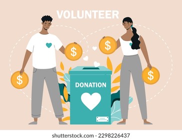 Concept of volunteering. Man and woman stand with gold coins in their hands near donation box, fund. Generosity and kindness, charity. Team worked together to help. Cartoon flat vector illustration