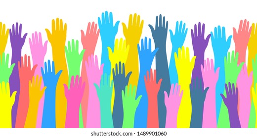 Concept of volunteering. Raised color hands of many people. Flat design, vector illustration.