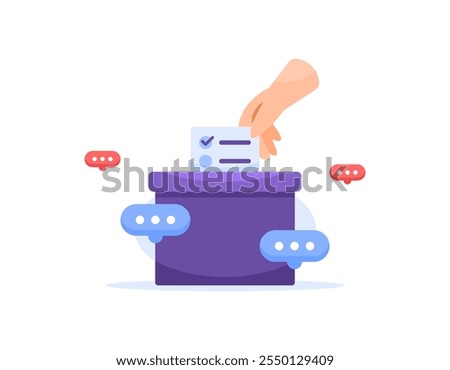 concept of voting. elections, voting, and democracy. illustration of hand inserting ballot into ballot box. symbol or icon. flat style design. element