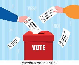 Concept of voting and elections. Hands lower sheets with inscriptions and marks into special box. People with ballots at political referendum. Independent Poll. Cartoon flat vector illustration.