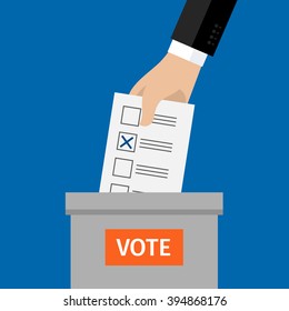Concept of voting. Hand putting voting paper in the ballot box. Flat design, vector illustration.