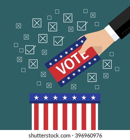 Concept of voting. Hand putting voting paper in the ballot box. Flat design, vector illustration.