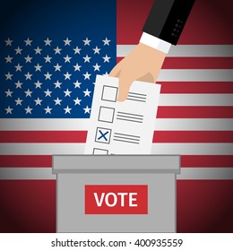 Concept of voting. Hand putting voting paper in the ballot box. US Presidential election 2016. Flat design, vector illustration.