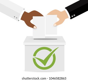 Concept of voting. Hands putting voting paper in the ballot box