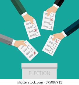 Concept of voting. Hands putting voting paper in the ballot box. Flat design, vector illustration.