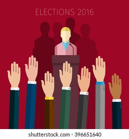Concept of voting. Hands raised up, election day campaign. Flat design, vector illustration.