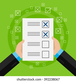 Concept of voting. Man hold vote on elections. Flat design, vector illustration.