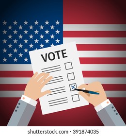 Concept of voting. Man write vote on elections. US Presidential election 2016. Flat design, vector illustration.