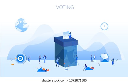 Concept Voting for web page, banner, presentation, social media, documents, cards, posters. Vector illustration Female are putting their ballot papers into the big paper voting box, E-voting
