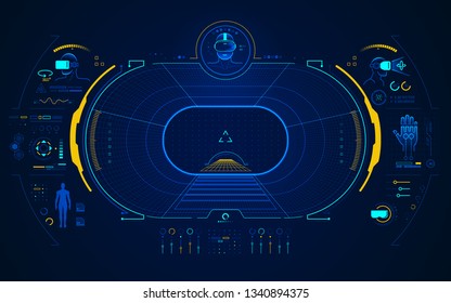 concept of vr technology, point of view from virtual reality headset with digital hologram interface