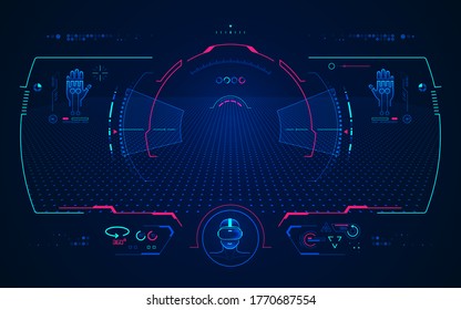 Konzept der VR-Technologie, Sicht aus der virtuellen Realität Headset mit digitaler Hologramm-Schnittstelle