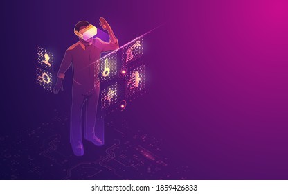 concept of VR technology, virtual reality headset with digital hologram interface