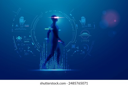 concept of vr or virtual reality, graphic of man with laser element using augmented reality interface