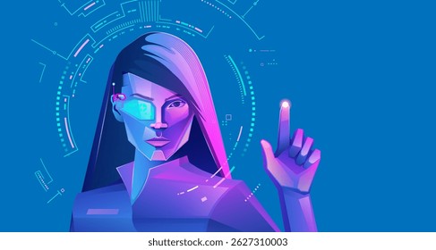 conceito de VR; tecnologia de realidade virtual ou jogo de realidade aumentada, gráfico de menina futurista com óculos vr usando interface
