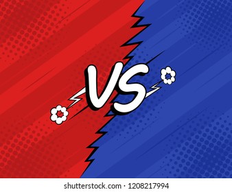 Concept VS. Versus. Fight, red and blue retro backgrounds comics style design with halftone, lightning. Modern flat style vector illustration.
