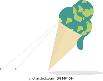 The concept of a waffle cone with balls in the form of a planet, isolated on a white background of a rectangular vector illustration. The planet is melting. Image of global warming. Ropes keep you fro
