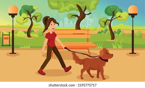 The concept of walking and walking a pet in a green park. Concepts of taking time for yourself and your dog, leisure activity and unwinding. A girl with a dog walking in the park.