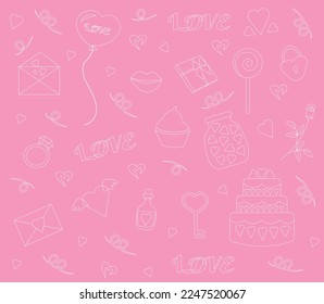 Concept wallpaper, background, icons, postcard for Valentine's Day white outline on a pink background