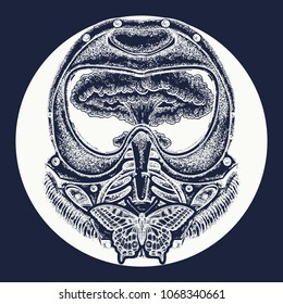 Concept of war and peace, end of the world, life and death. Apocalypse symbol. Gas mask and nuclear explosion tattoo art 