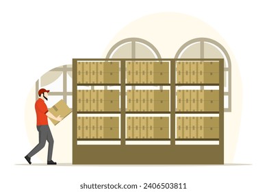 Concept of warehouse workers transporting carton boxes. Warehouse workers carry package boxes into the warehouse. Working in a warehouse. Flat vector illustration on white background.