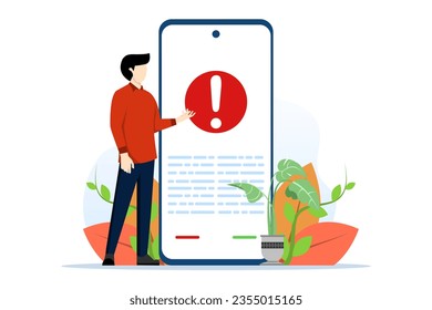 Concept of warning letter, danger notification, report letter. a user has a complaint that appears on his smartphone. prohibited, reported. flat cartoon illustration on white background.