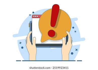 Conceito de notificação de aviso com ponto de exclamação na tela do dispositivo inteligente. Lembrete importante. Alertar no email. Mensagem no celular. Smart phone com ponto de exclamação. Notificação de telefone celular.