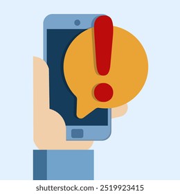 Concept of warning notification with exclamation mark on smart device screen. Important reminder. Alert in email. Message on mobile phone. Smart phone with exclamation mark. Mobile phone notification.