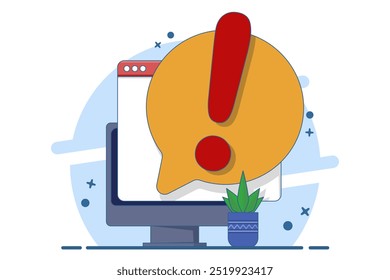 Concept of warning notification with exclamation mark on smart device screen. Important reminder. Alert in email. Message on mobile phone. Smart phone with exclamation mark. Mobile phone notification.