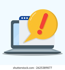 Concept of warning notification with exclamation mark on laptop screen. Important reminder. Alert, danger and warning in laptop screen. 
