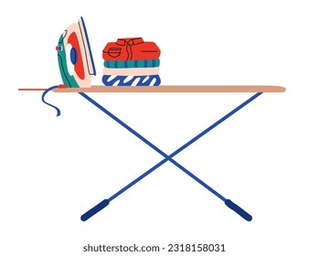 Concept of washing clothes in the laundry. An ironing board with an iron and a pile of clean, ironed linen. Household affairs. Vector illustration isolated on white background.  