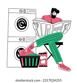 Concept of washing clothes in the laundry. A man waits for the laundry to finish while sitting on a chair and reading a newspaper. Household affairs. Vector illustration isolated on white background.